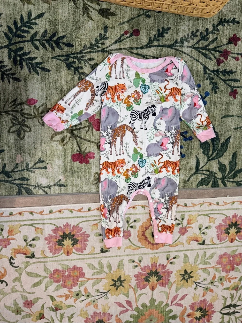 Pink-Trim Safari Animal Print Footie Pajamas for Kids